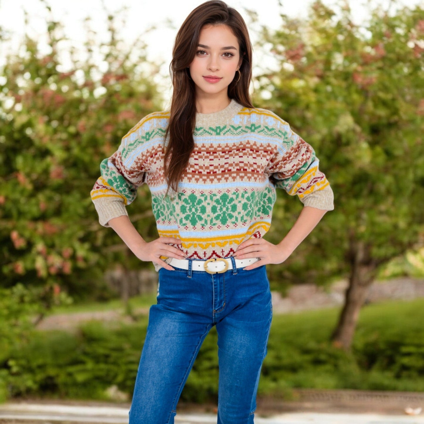 Women's Multi-Color Fair Isle Knit Sweater with Crew Neck and Long Sleeves