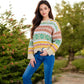 Women's Multi-Color Fair Isle Knit Sweater with Crew Neck and Long Sleeves