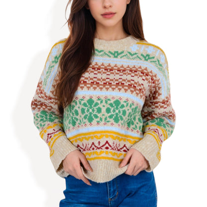 Women's Multi-Color Fair Isle Knit Sweater with Crew Neck and Long Sleeves