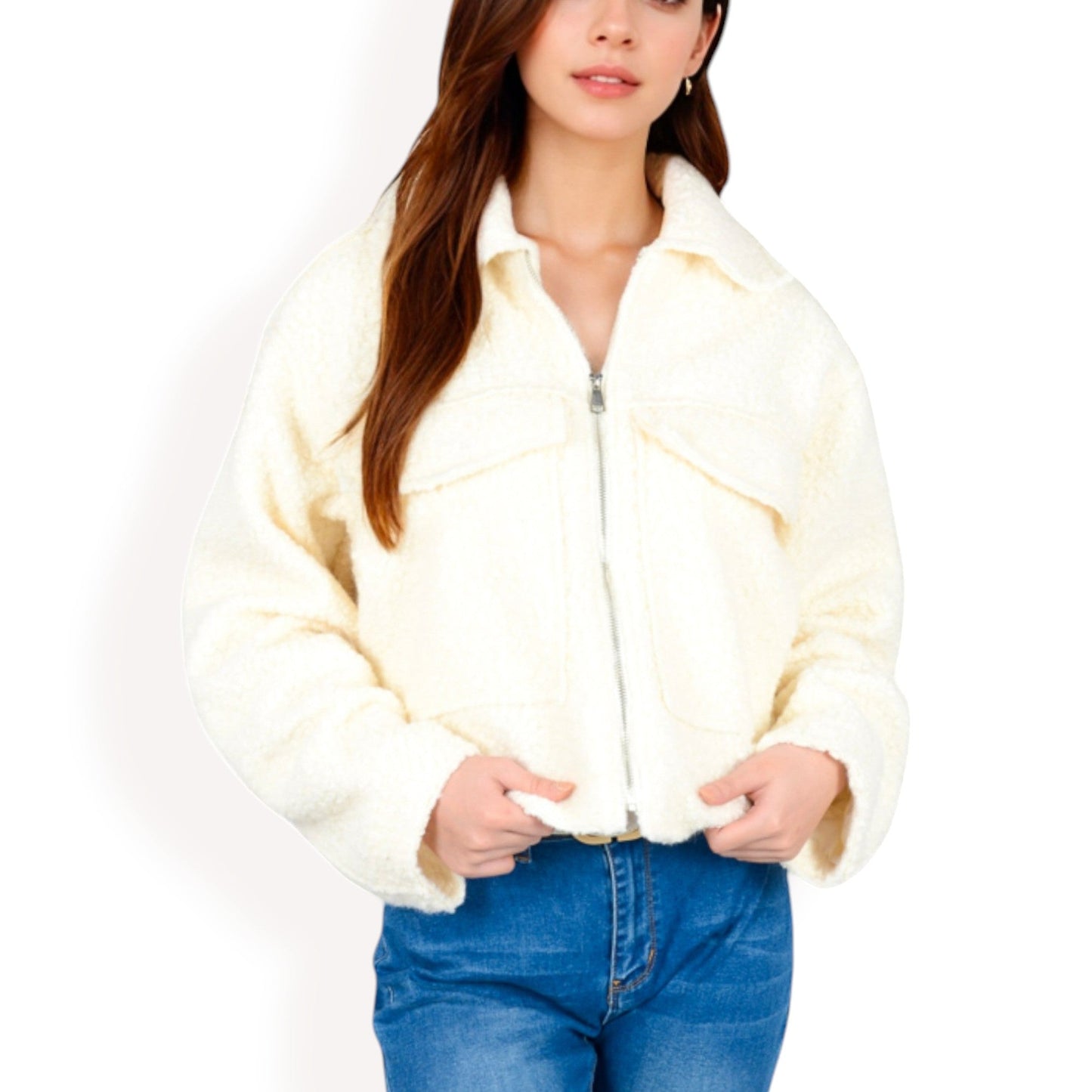 Women's Zip-Up Collared Jacket with Front Flap Pockets