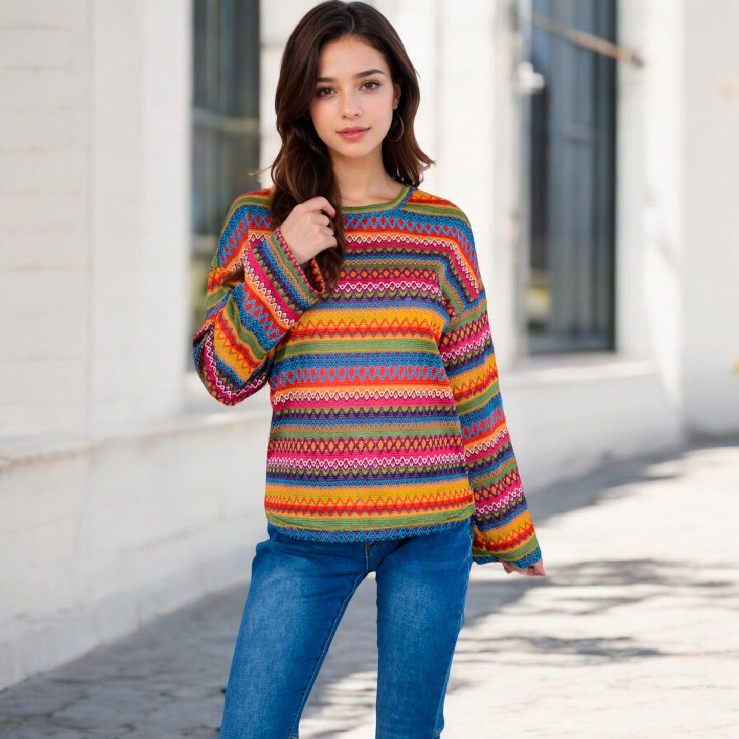 Women's Multi-Color Striped Knit Sweater with Long Sleeves and Crew Neck