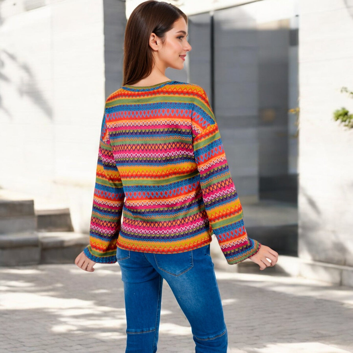 Women's Multi-Color Striped Knit Sweater with Long Sleeves and Crew Neck