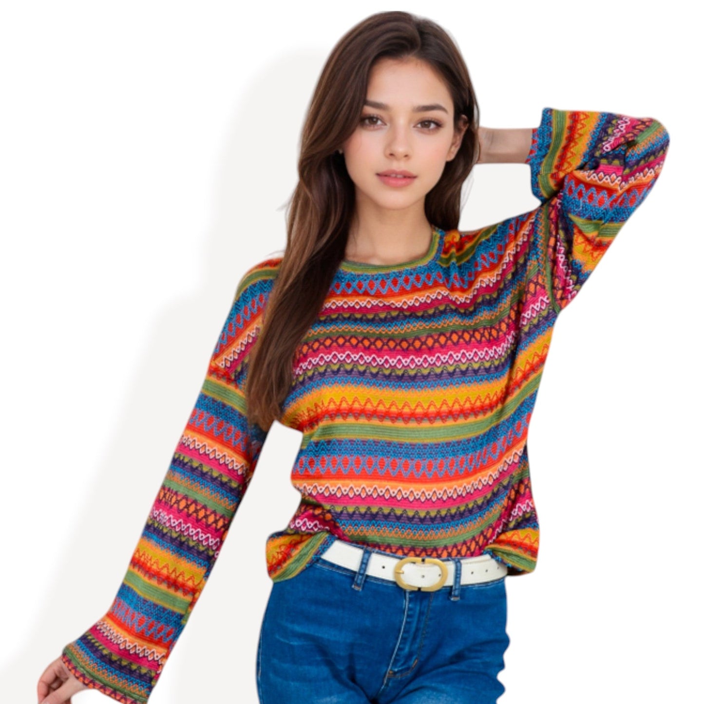 Women's Multi-Color Striped Knit Sweater with Long Sleeves and Crew Neck