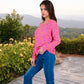 Women's Pink Confetti Knit Sweater with Crew Neck and Long Sleeves