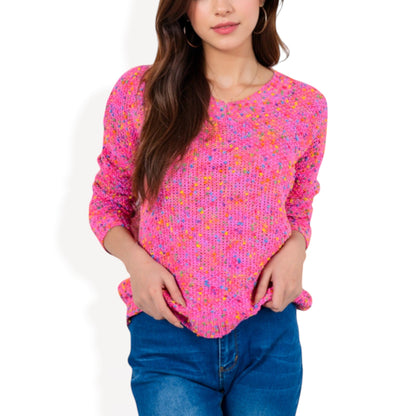 Women's Pink Confetti Knit Sweater with Crew Neck and Long Sleeves