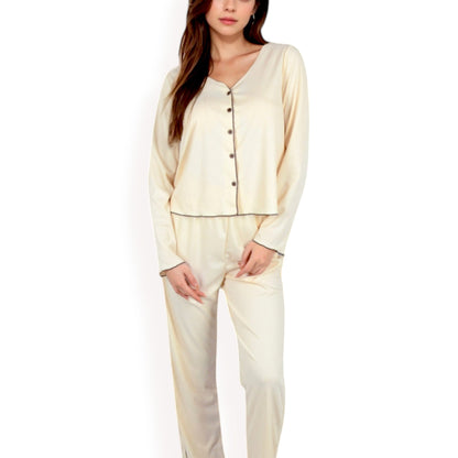 Women's Satin 2-Piece Pajama Set with Button-Up Long Sleeve Top and Relaxed Fit Pants