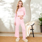 Ribbed Button-Down Long Sleeve Top and Wide-Leg Pants Lounge Set