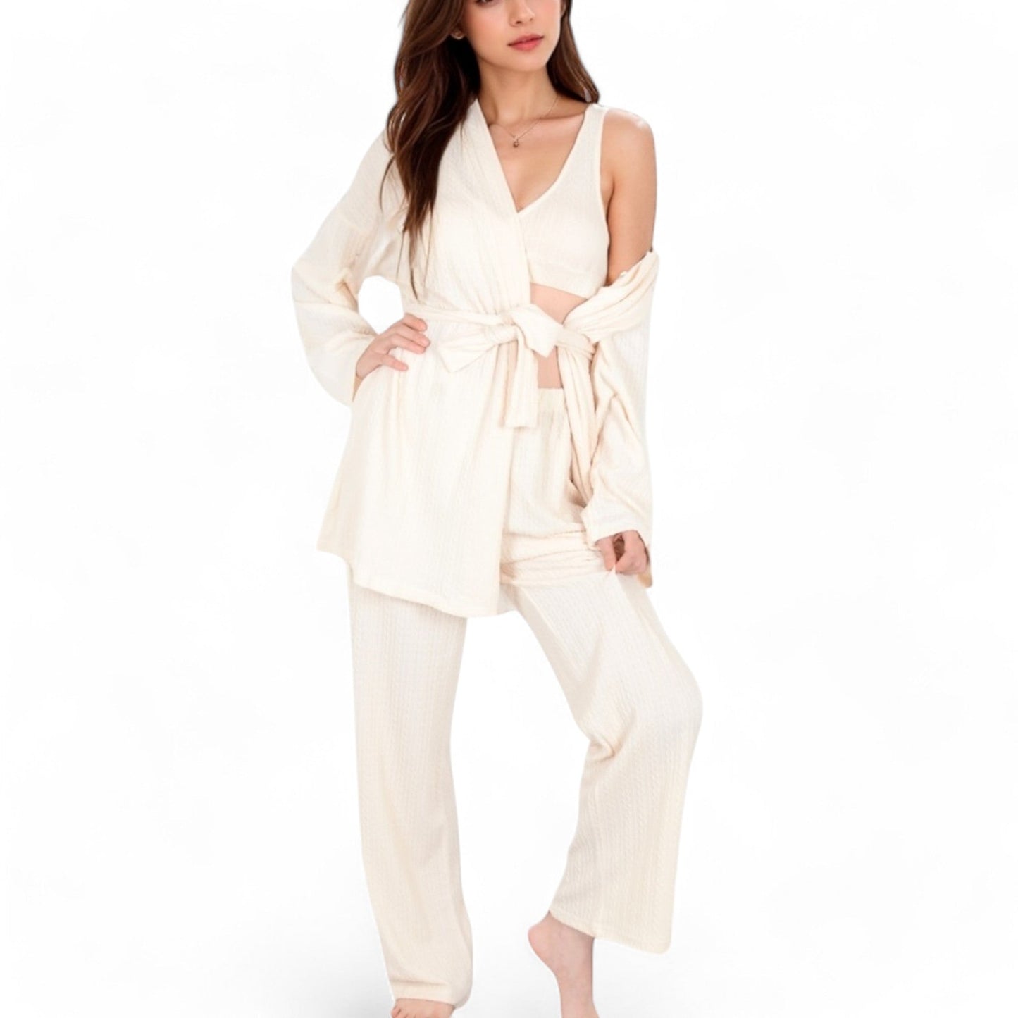 Women's 3-Piece Lounge Set with Tie-Front Cardigan and Ribbed Pants