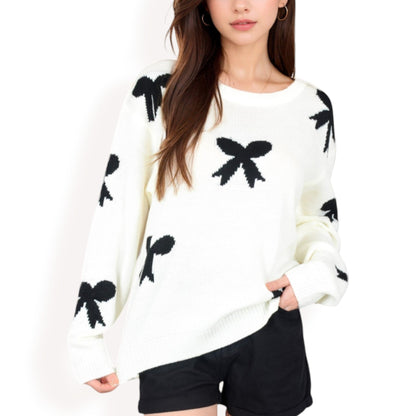 Women's Knit Sweater with Black Bow Pattern Long Sleeves