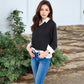 Women's V-Neck Top with White Lace Trim and Button Cuffs