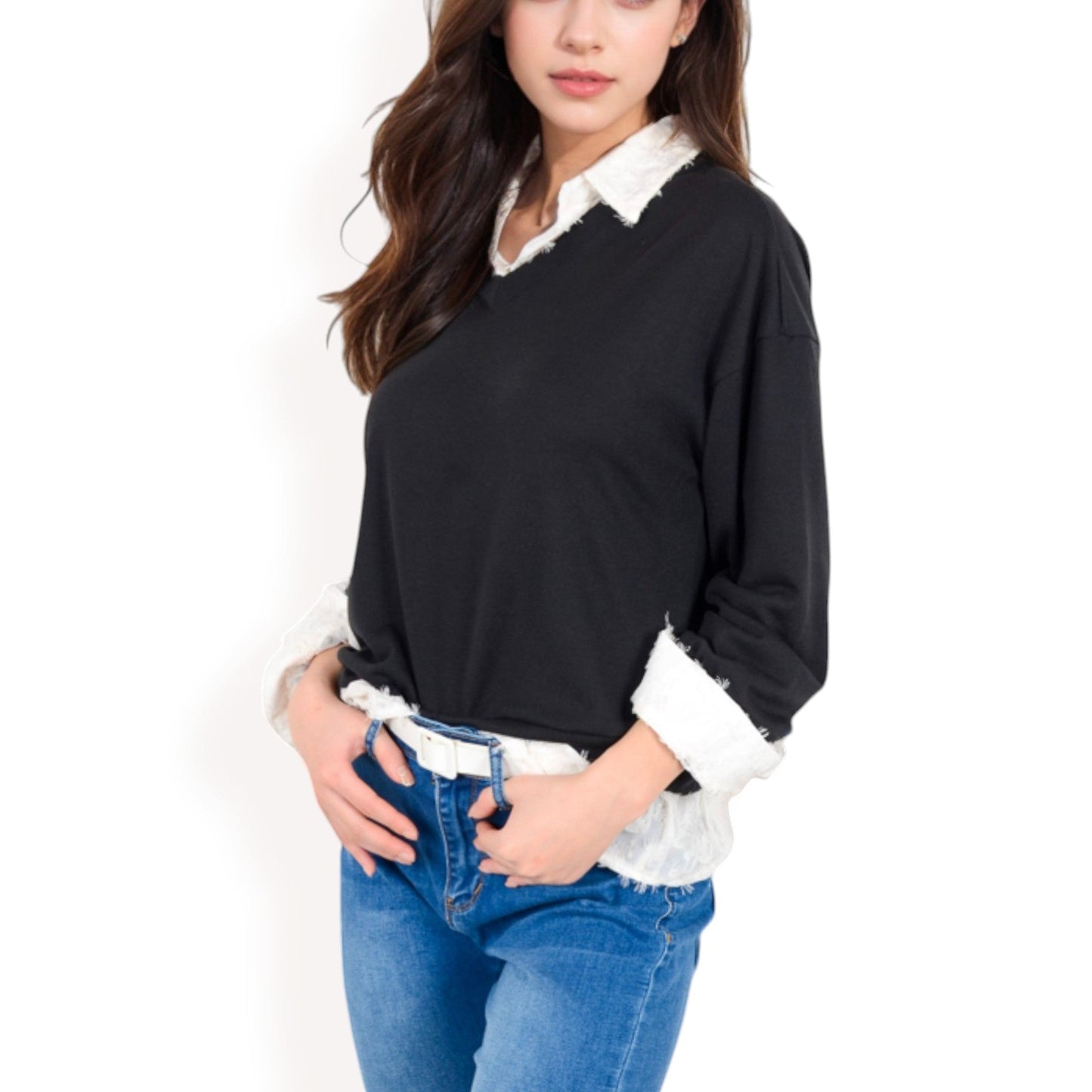 Women's V-Neck Top with White Lace Trim and Button Cuffs