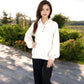 Women's Waffle Knit Pullover with Button-Down Collar and Balloon Sleeves