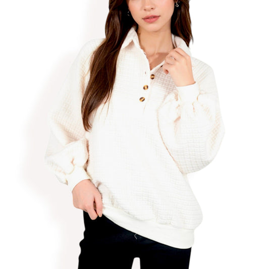 Women's Waffle Knit Pullover with Button-Down Collar and Balloon Sleeves