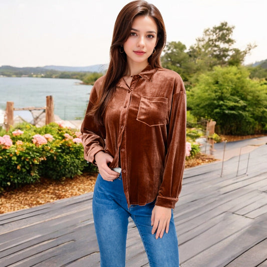 Women's Velvet Long Sleeve Button-Up Shirt with Chest Pocket and Collared Neck