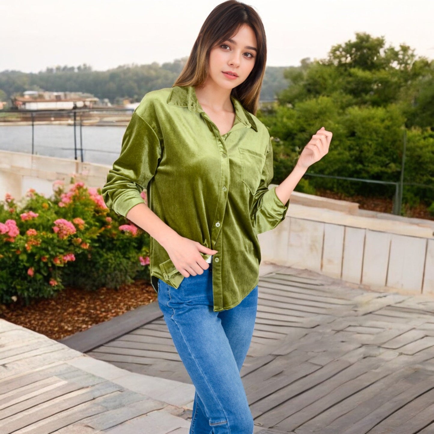 Women's Velvet Long Sleeve Button-Up Shirt with Chest Pocket and Collared Neck