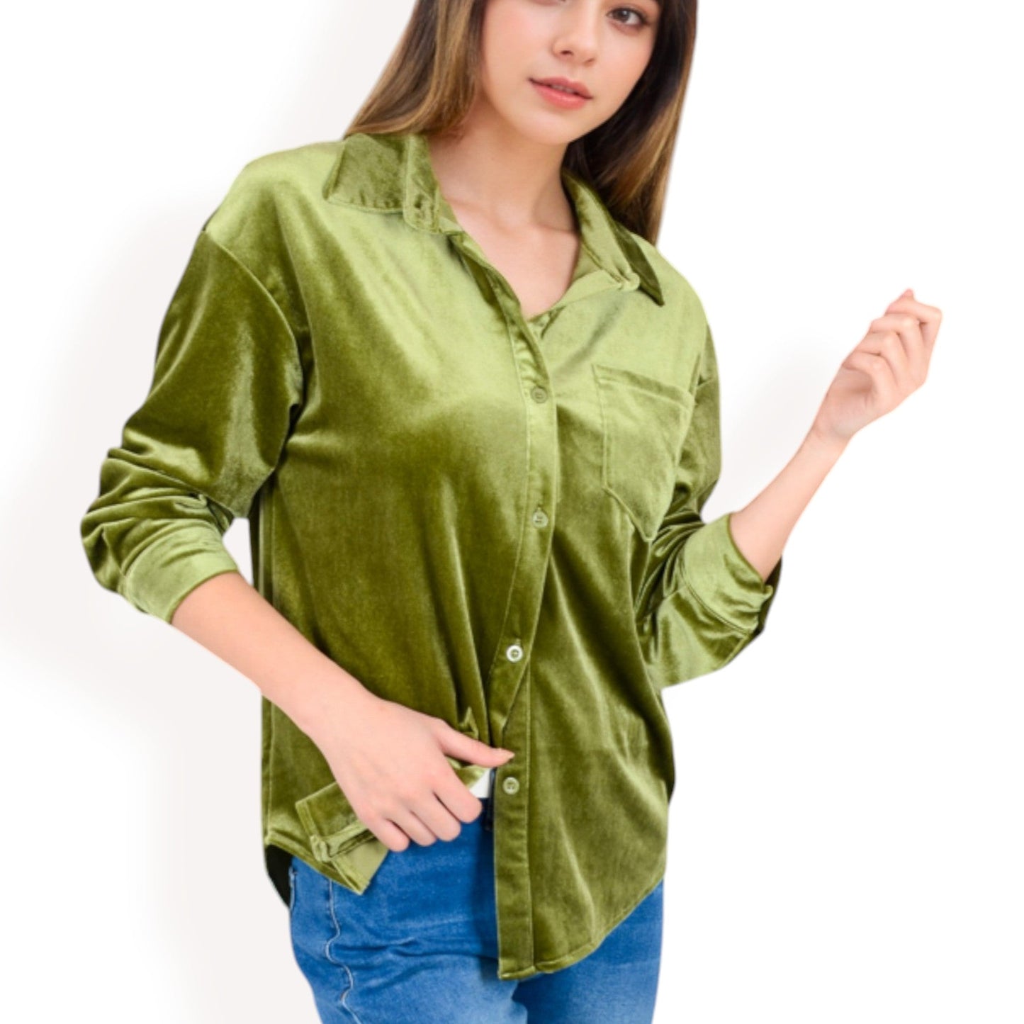 Women's Velvet Long Sleeve Button-Up Shirt with Chest Pocket and Collared Neck