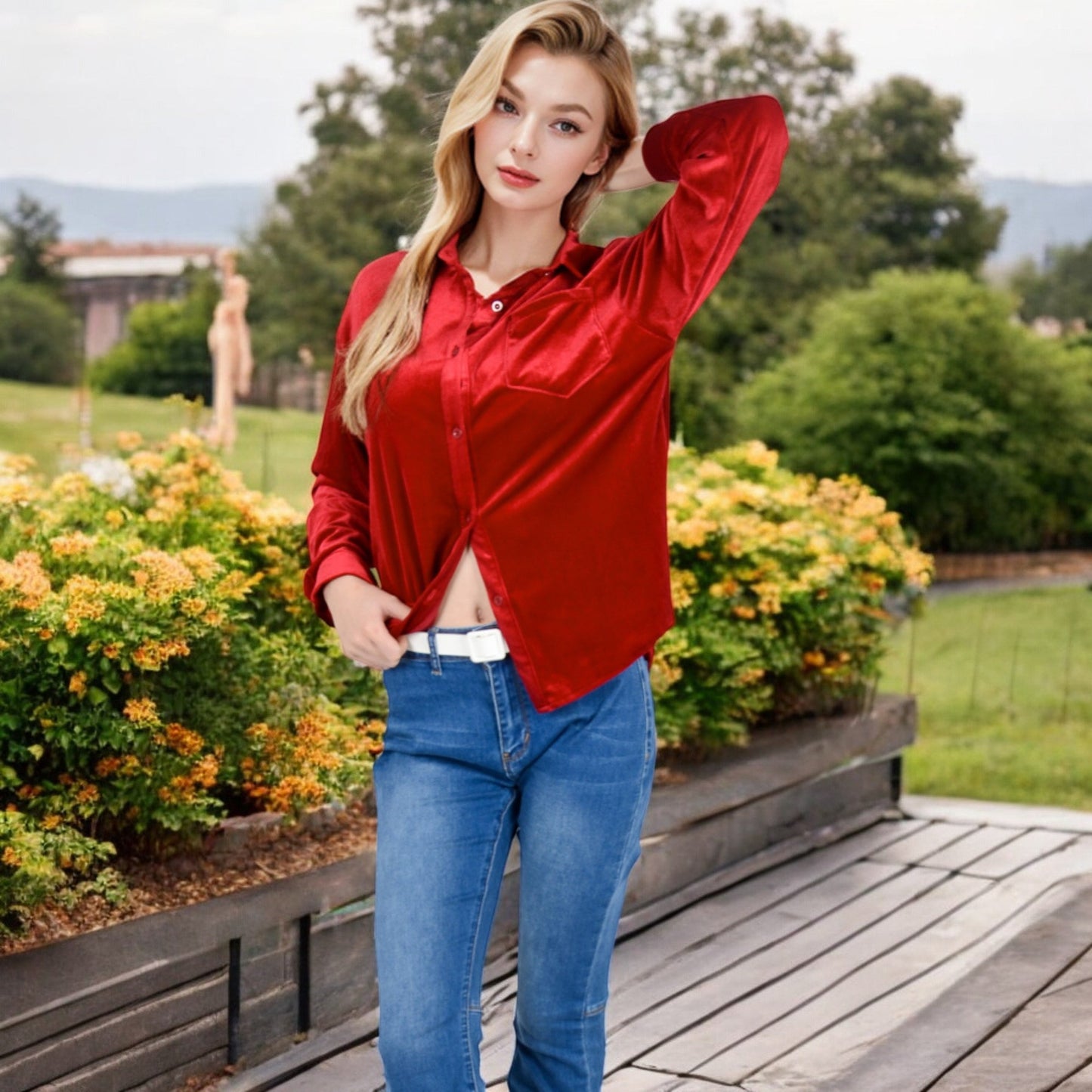 Women's Velvet Long Sleeve Button-Up Shirt with Chest Pocket and Collared Neck