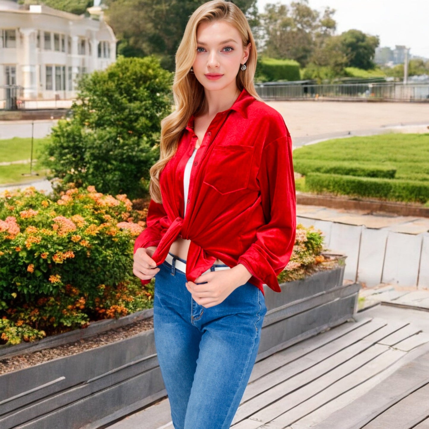 Women's Velvet Long Sleeve Button-Up Shirt with Chest Pocket and Collared Neck