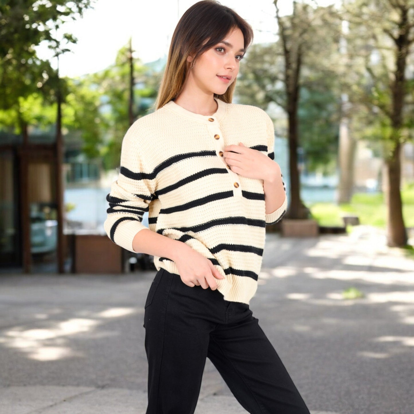 Women's Striped Waffle Knit Pullover with Button Down Collar