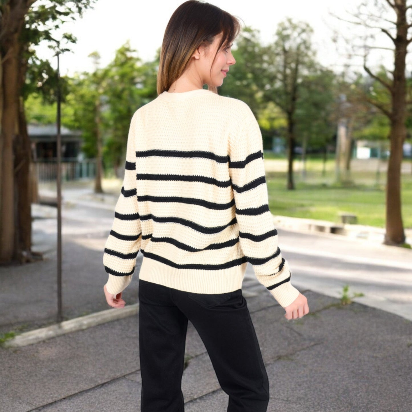 Women's Striped Waffle Knit Pullover with Button Down Collar