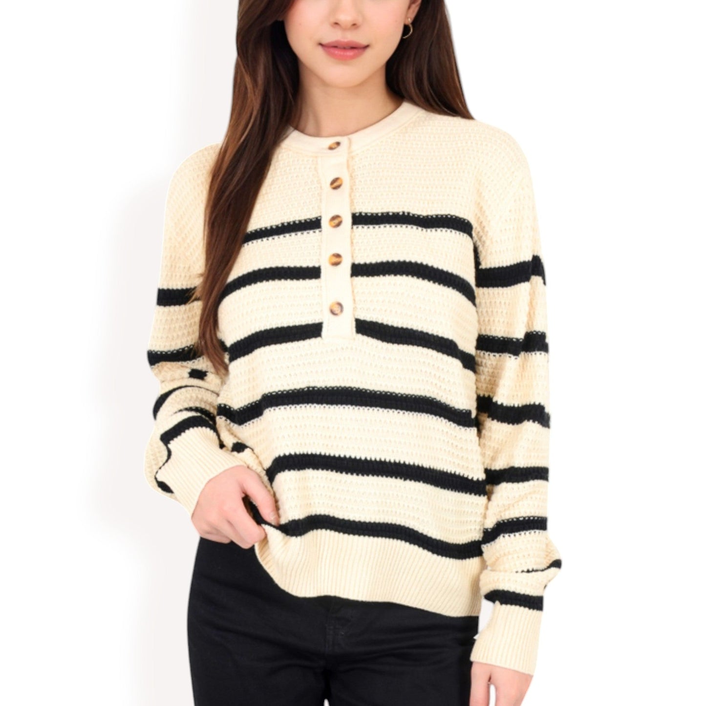 Women's Striped Waffle Knit Pullover with Button Down Collar