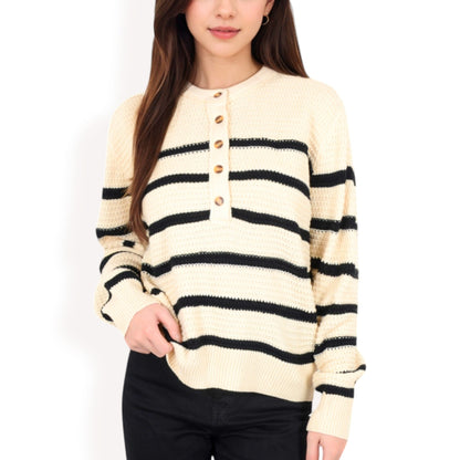 Women's Striped Waffle Knit Pullover with Button Down Collar