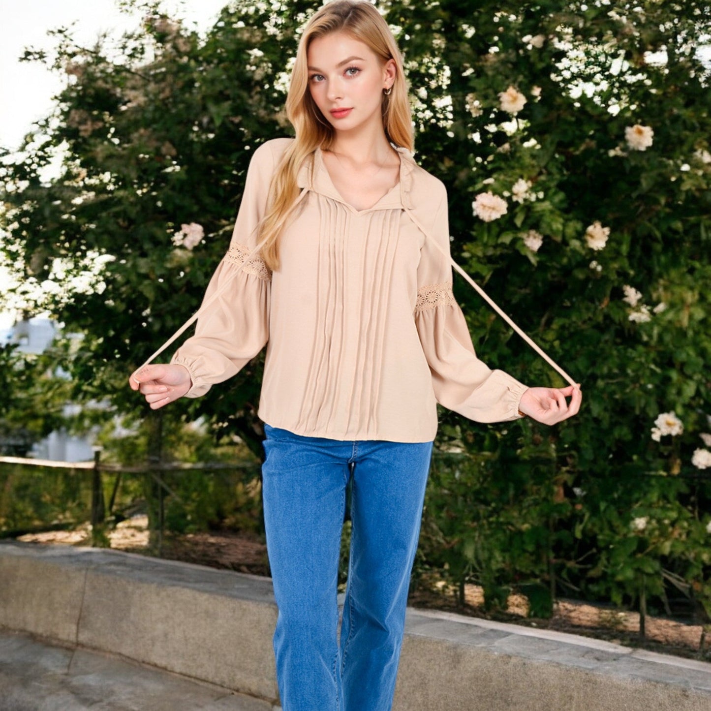 Women's Long Sleeve Pleated Blouse with Lace Detail and Tie Neck