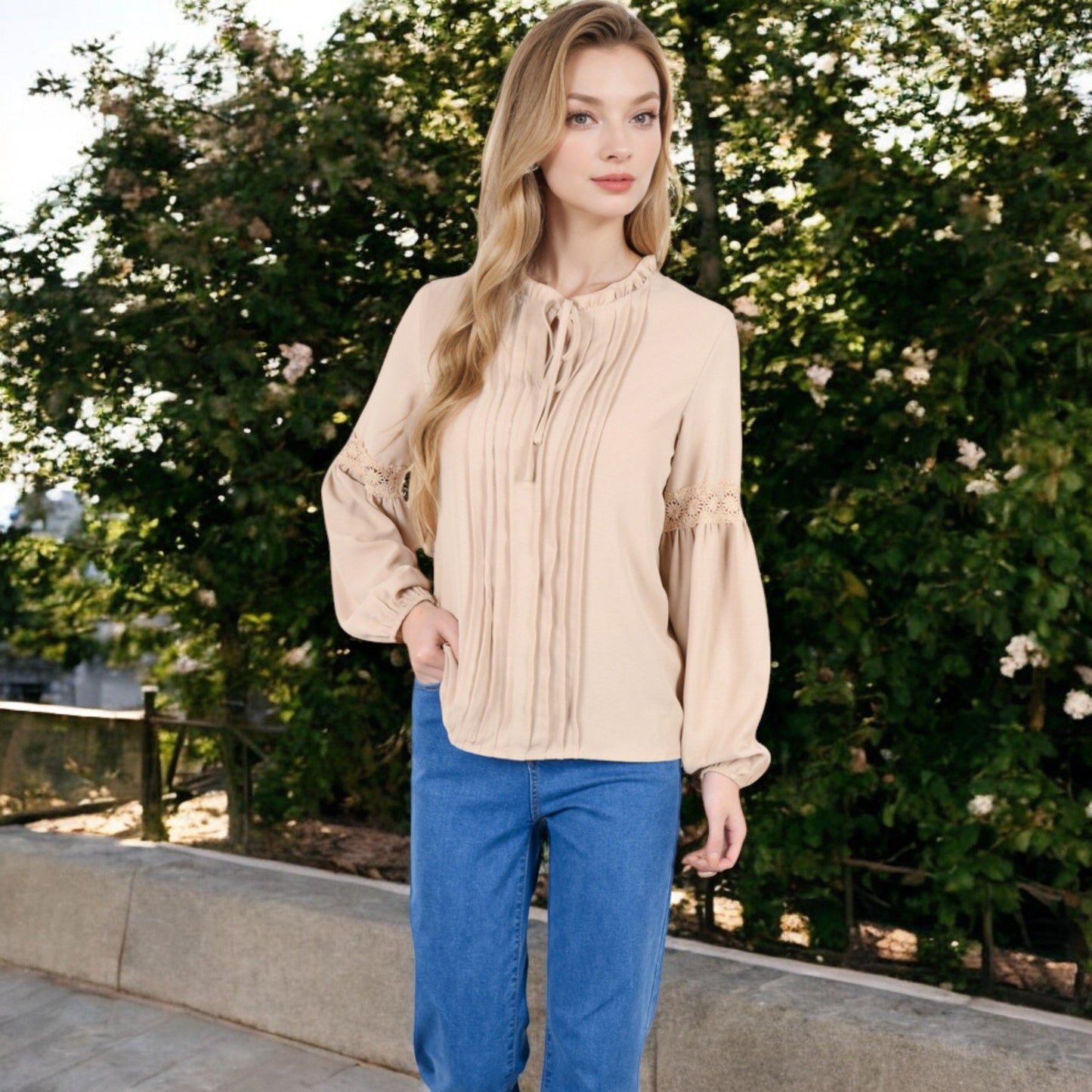 Women's Long Sleeve Pleated Blouse with Lace Detail and Tie Neck