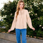 Women's Long Sleeve Pleated Blouse with Lace Detail and Tie Neck