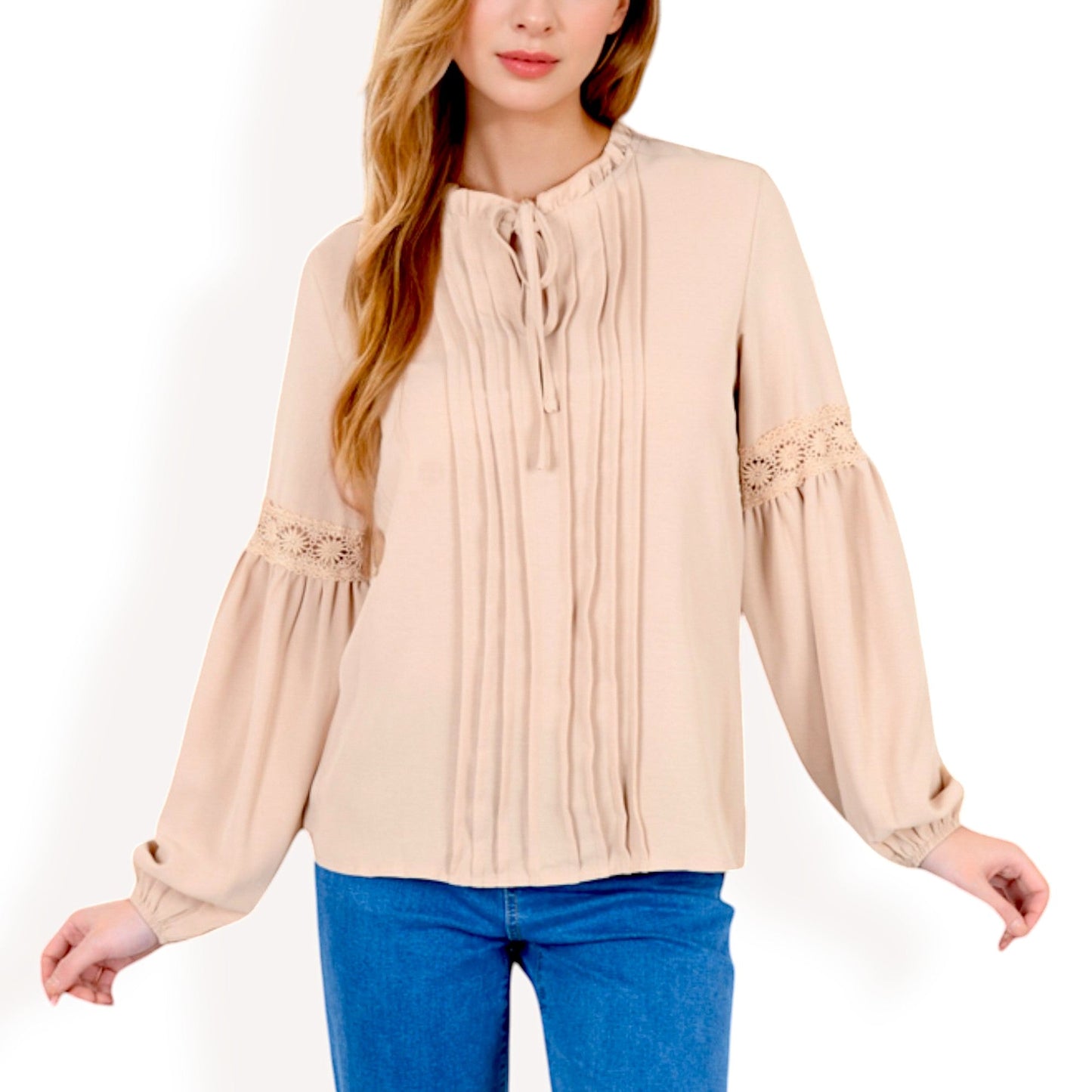 Women's Long Sleeve Pleated Blouse with Lace Detail and Tie Neck