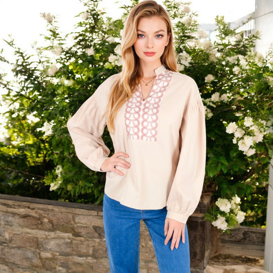 Women's Long Sleeve Blouse with Embroidered Front Detail and Stand Collar