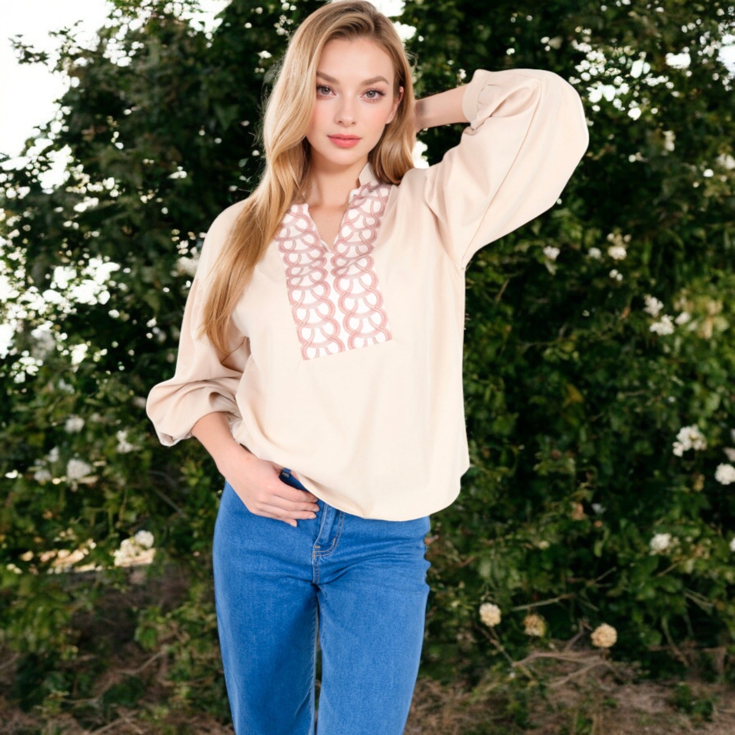 Women's Long Sleeve Blouse with Embroidered Front Detail and Stand Collar