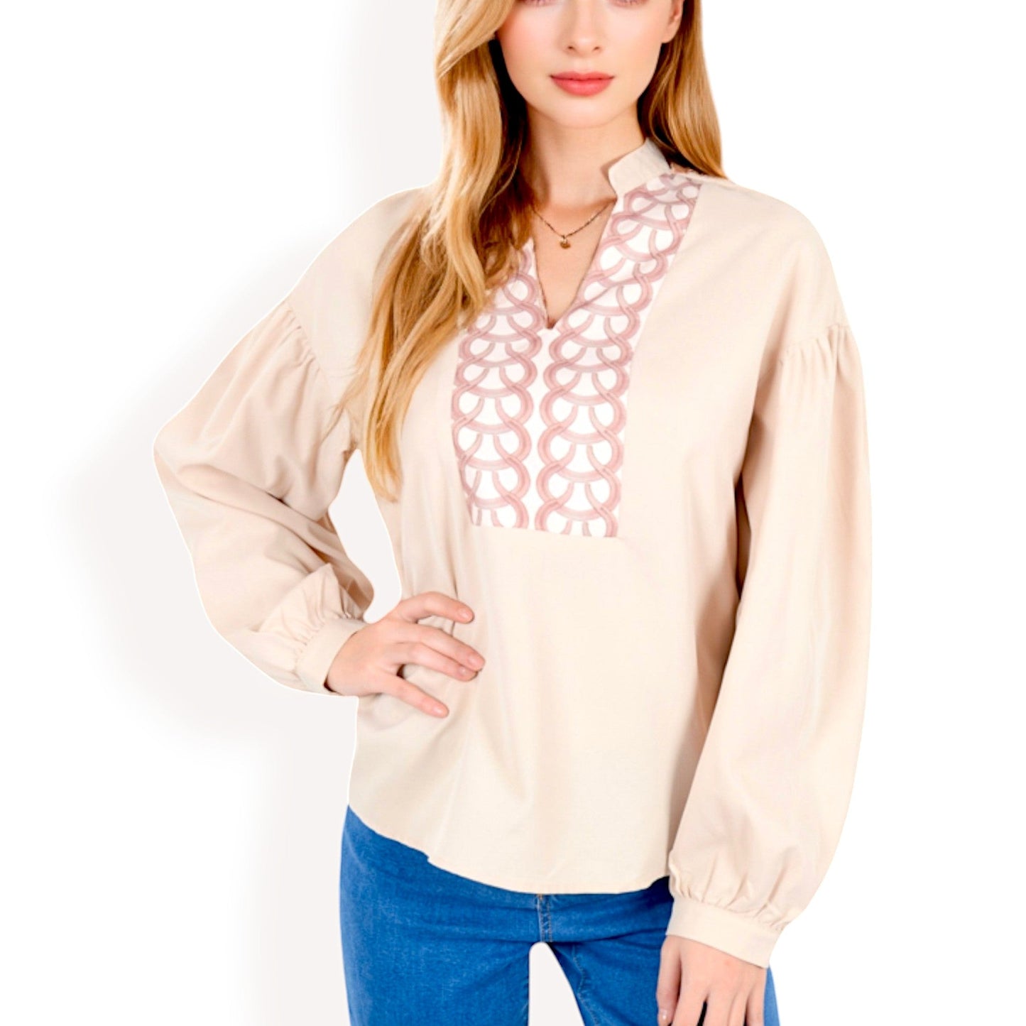 Women's Long Sleeve Blouse with Embroidered Front Detail and Stand Collar