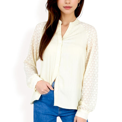 Women's Lace Sleeve Button-Up Blouse with Stand Collar and Relaxed Fit