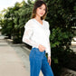 Women's V-Neck Top with Lace Long Sleeves and Relaxed Fit