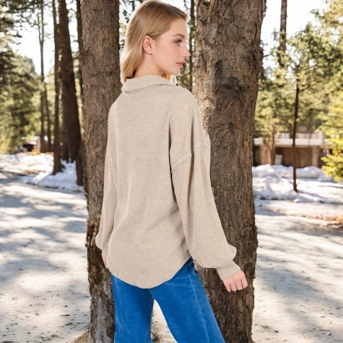 Women's Ribbed Knit Collared Pullover with Henley Buttons and Front Pocket