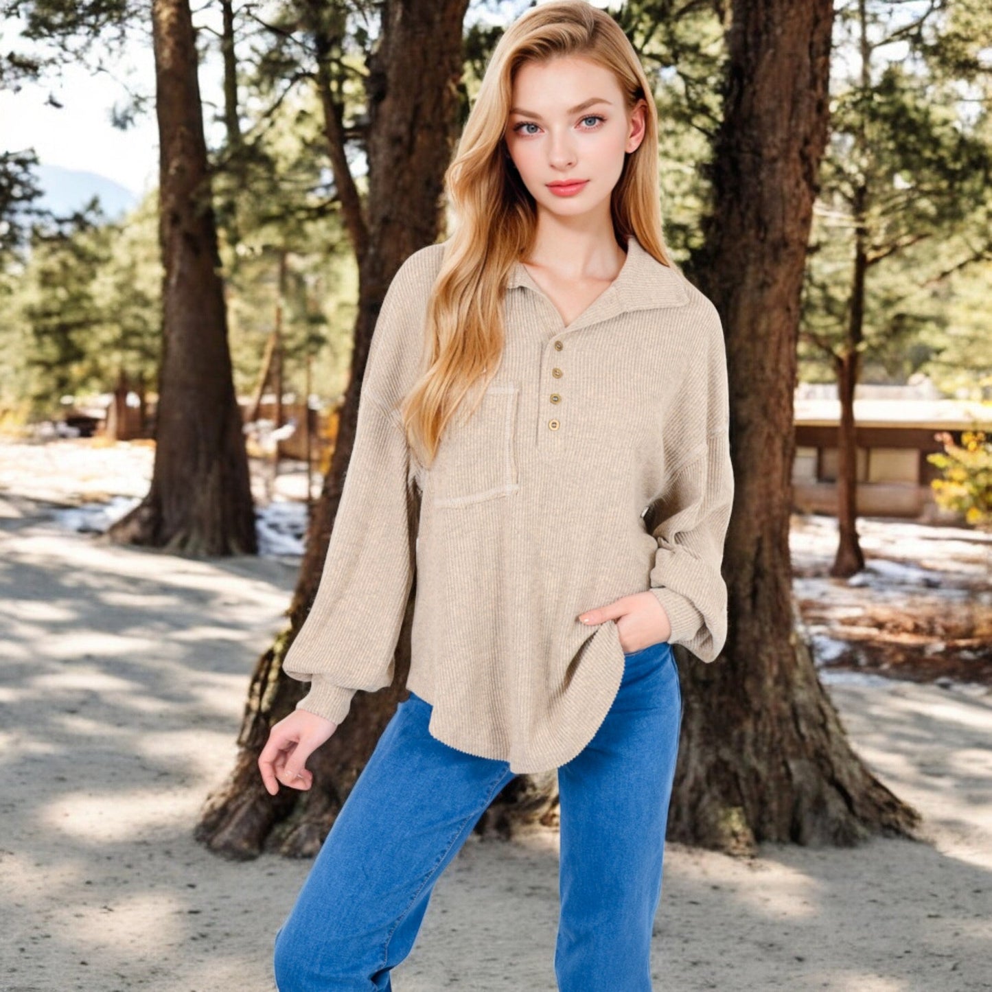 Women's Ribbed Knit Collared Pullover with Henley Buttons and Front Pocket