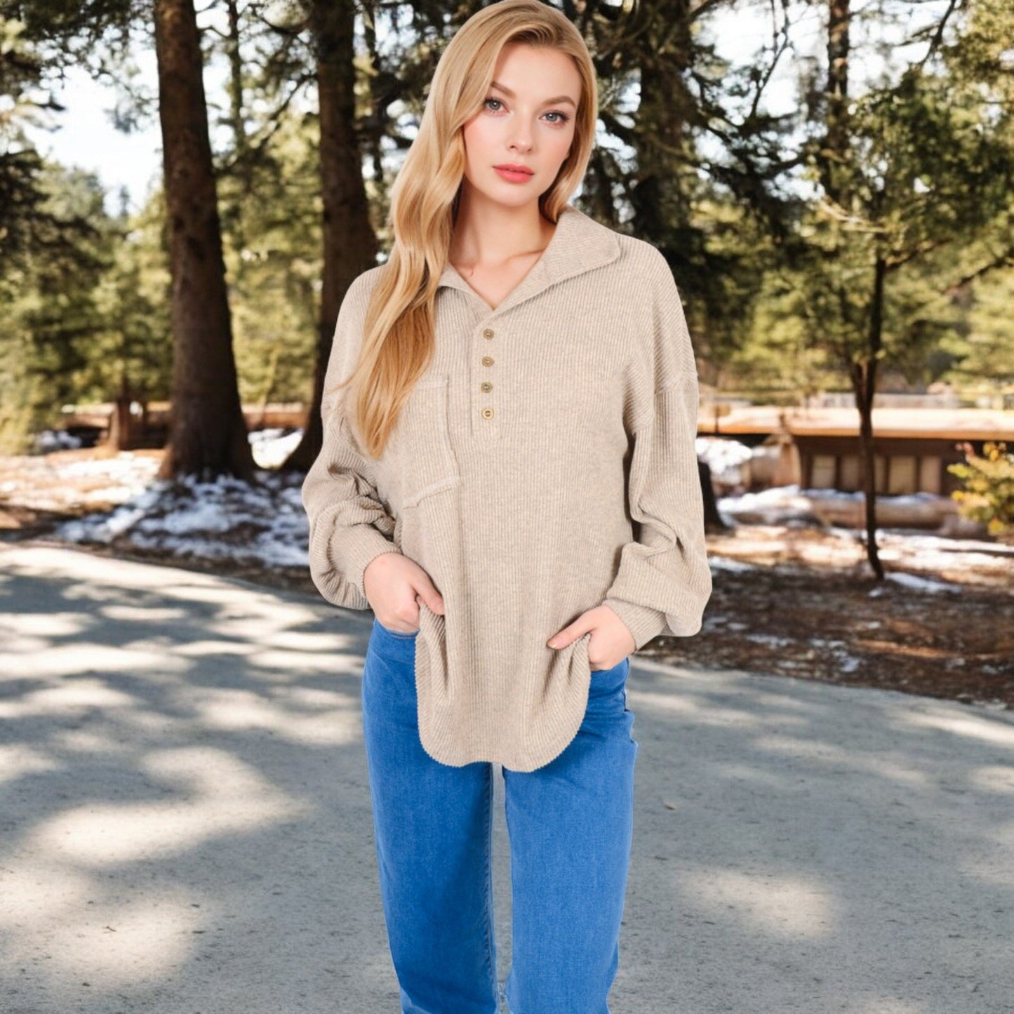 Women's Ribbed Knit Collared Pullover with Henley Buttons and Front Pocket