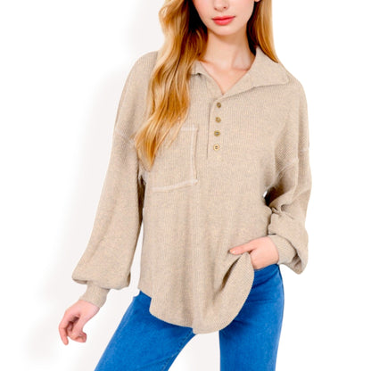 Women's Ribbed Knit Collared Pullover with Henley Buttons and Front Pocket