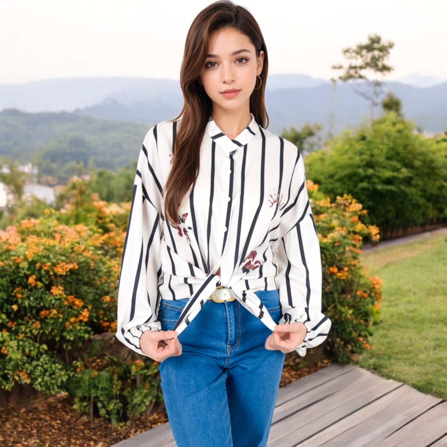 Women's Striped Button-Up Shirt with Floral Embroidery and Balloon Sleeves