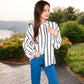 Women's Striped Button-Up Shirt with Floral Embroidery and Balloon Sleeves