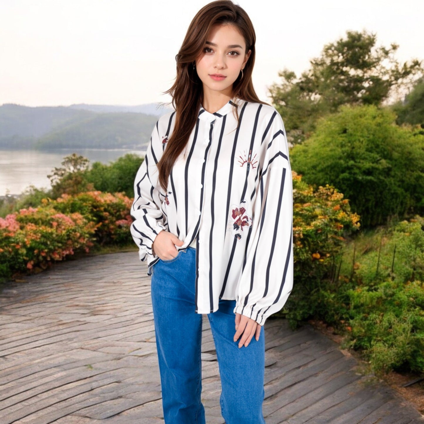 Women's Striped Button-Up Shirt with Floral Embroidery and Balloon Sleeves