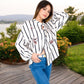 Women's Striped Button-Up Shirt with Floral Embroidery and Balloon Sleeves