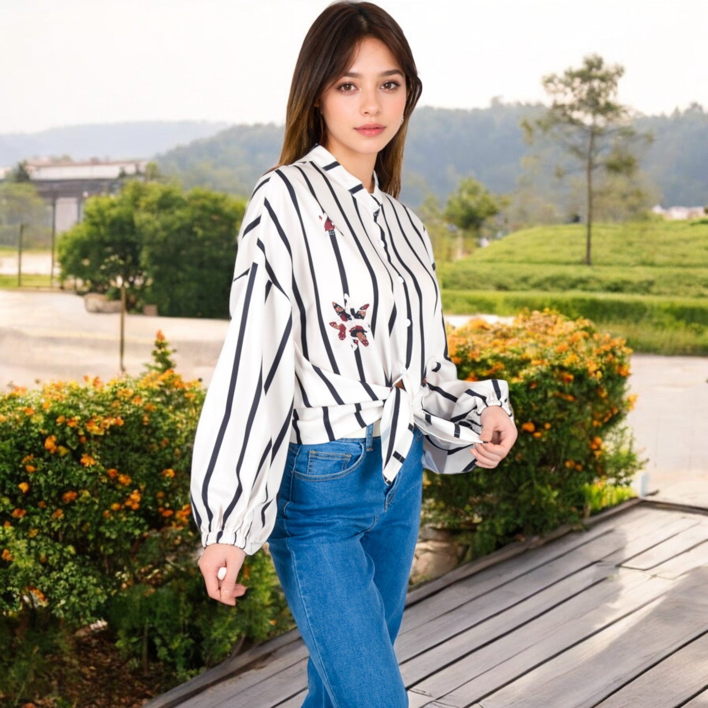 Women's Striped Button-Up Shirt with Floral Embroidery and Balloon Sleeves