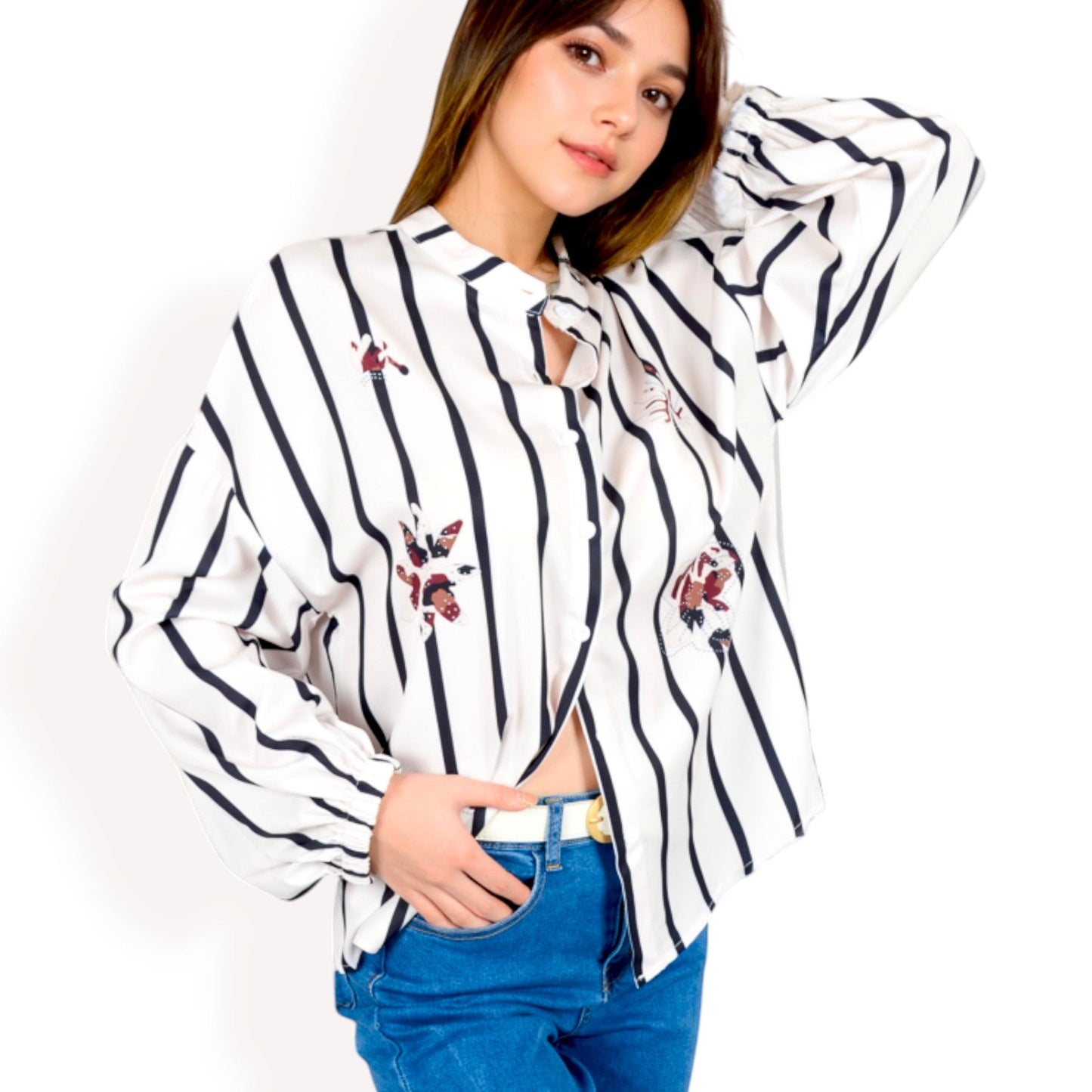 Women's Striped Button-Up Shirt with Floral Embroidery and Balloon Sleeves