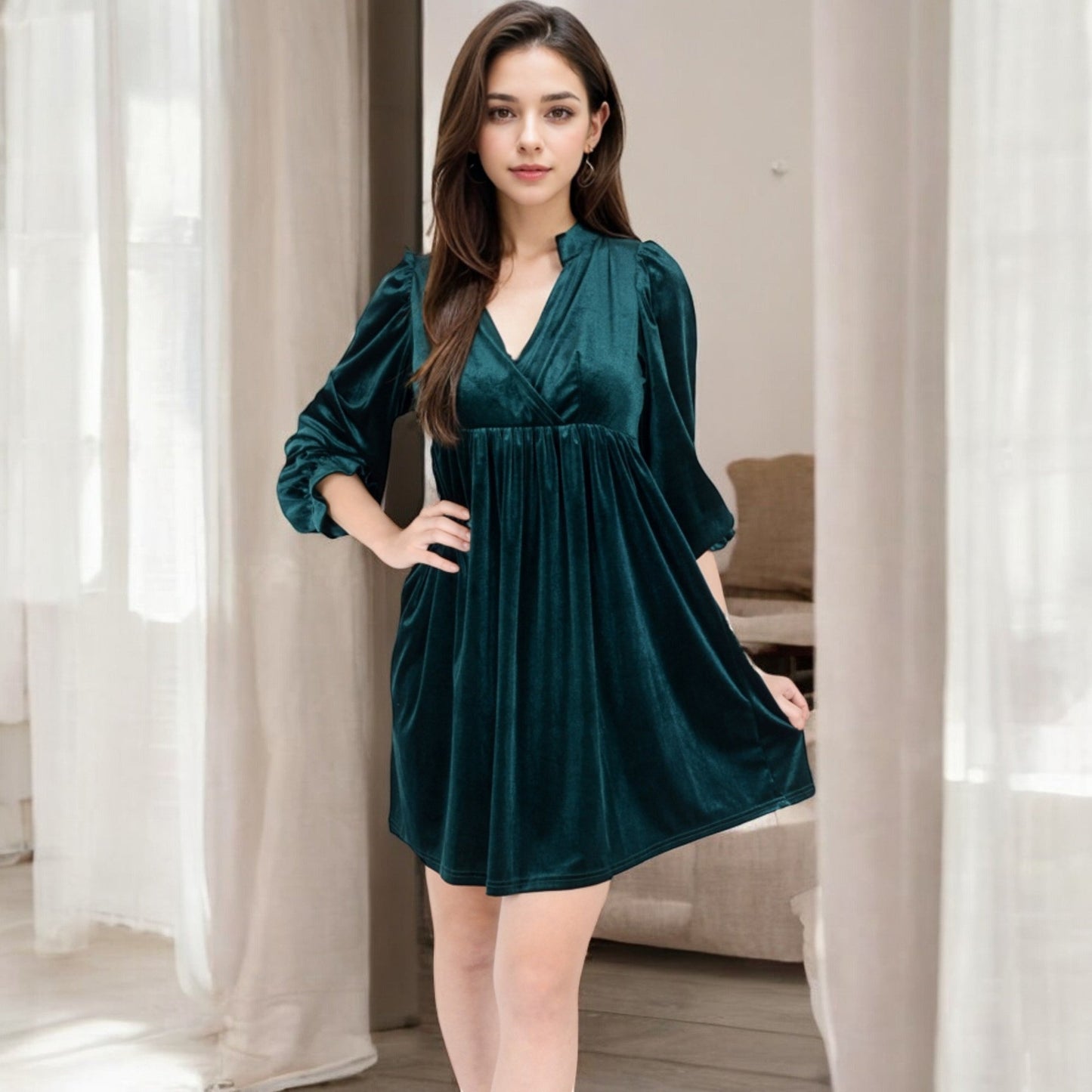 Women's Velvet Dress with V-Neck and Long Sleeves