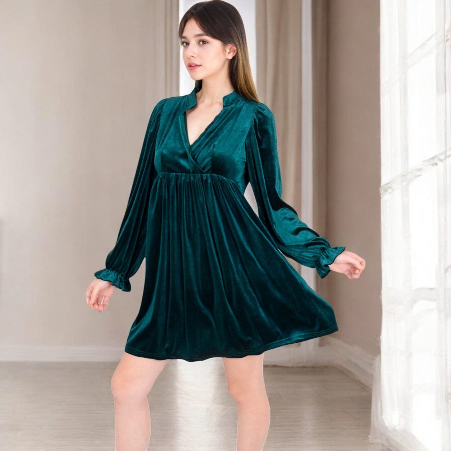 Women's Velvet Dress with V-Neck and Long Sleeves