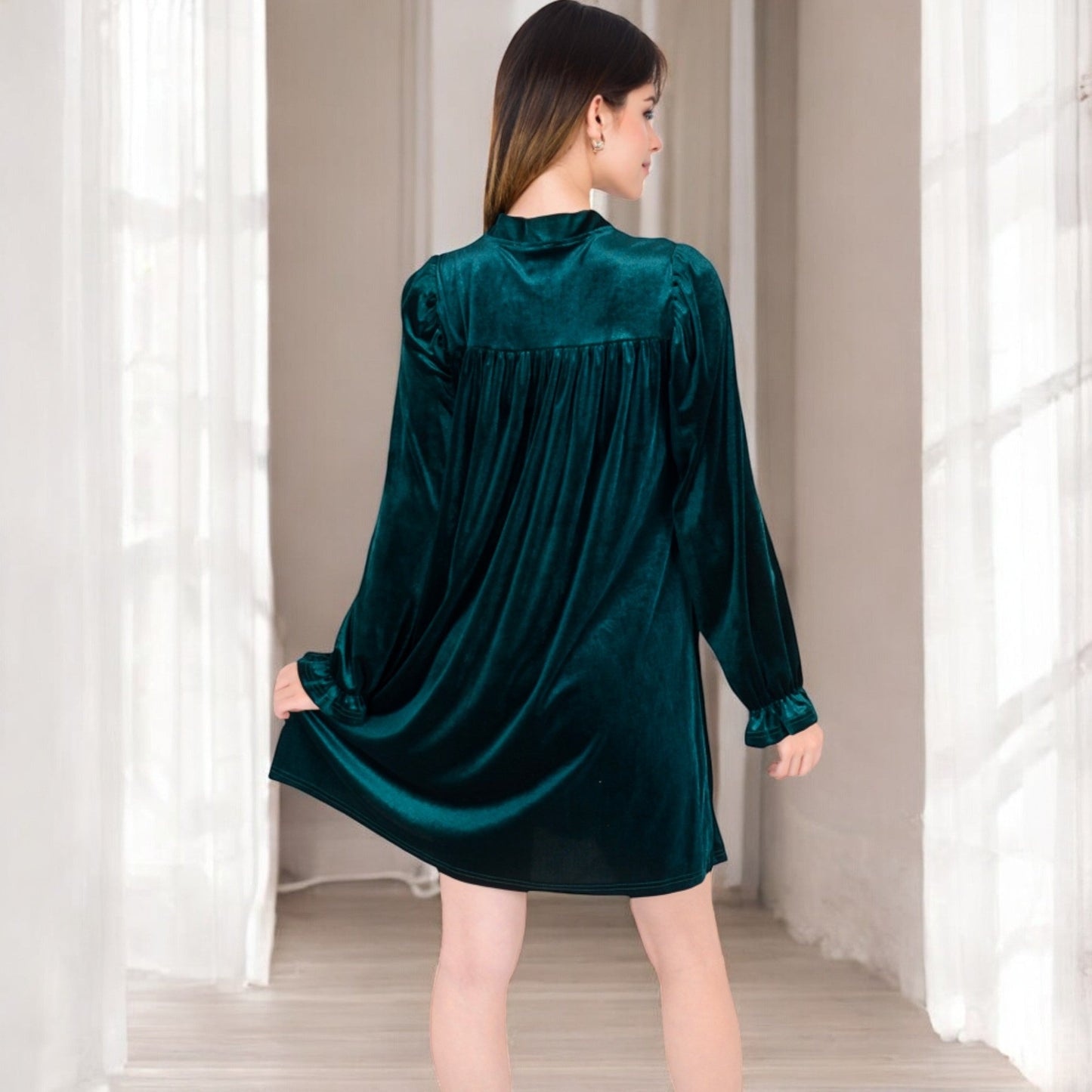 Women's Velvet Dress with V-Neck and Long Sleeves