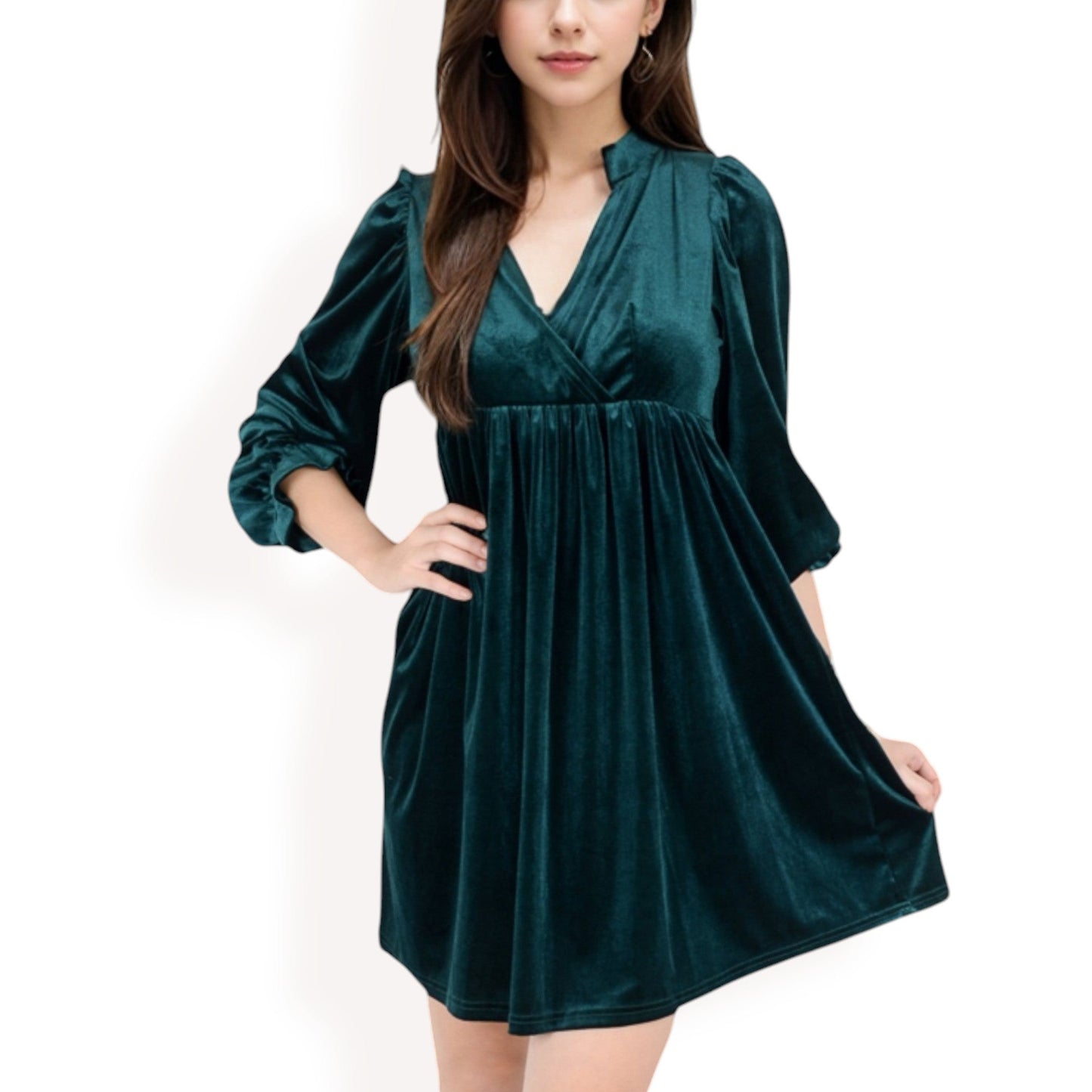 Women's Velvet Dress with V-Neck and Long Sleeves