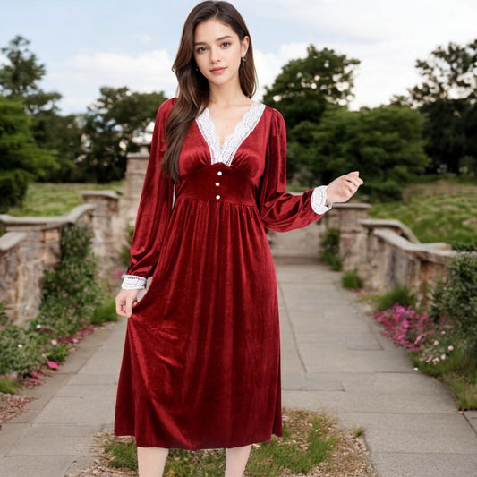 Velvet Dress with Lace Trim and Button Detail